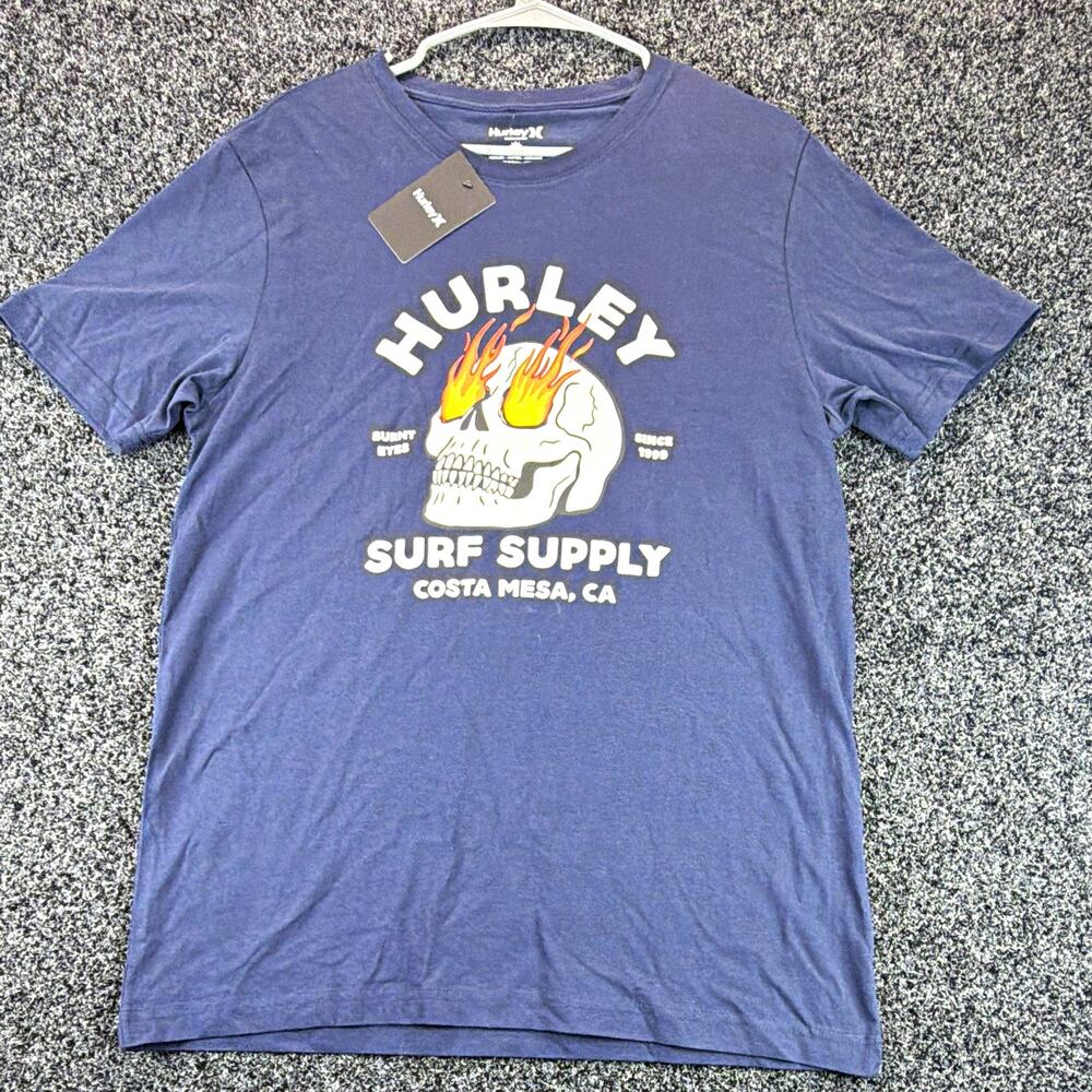 Hurley Surf Supply Men's Blue Flame Eyed Skull Graphic Crew Neck T-Shirt M